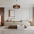 Modern Living and Dining Room Interior With Beige Sofa Wooden Coffee Table And Pendant Light