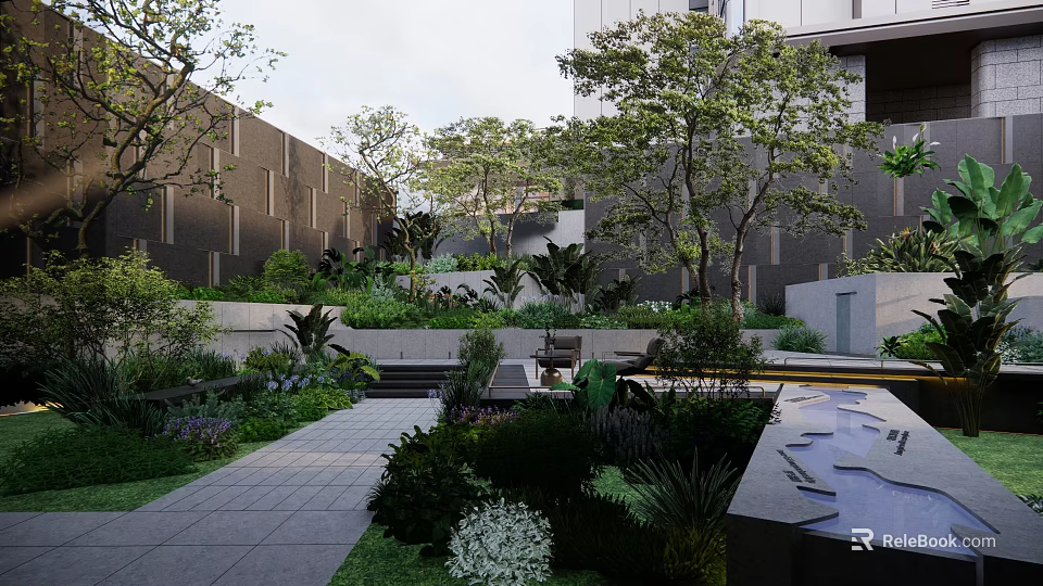Lush Courtyard Garden Design With Green Plants Stone Pathway And Water Feature 3d model 