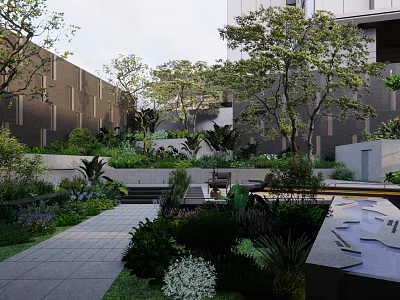 Lush Courtyard Garden Design With Green Plants Stone Pathway And Water Feature 3d model