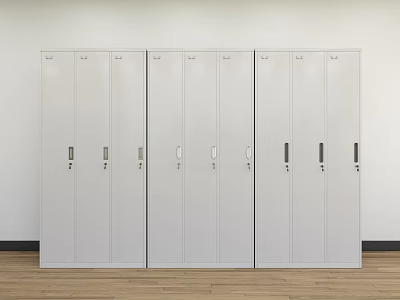 Three White Wardrobes Side by Side With Door Handles Against White Wall On Wooden Floor 3d model