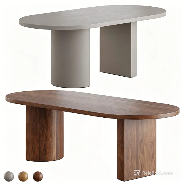 Modern Wooden Dining Table With Oval Top And Cylindrical Legs In Brown And Light Gray 3d model 