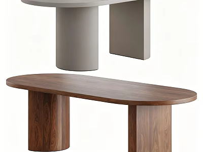 Modern Wooden Dining Table With Oval Top And Cylindrical Legs In Brown And Light Gray 3d model