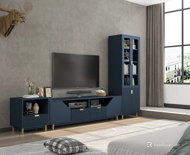 Navy Blue Modern TV Stand with Tall Glass Cabinet and Decorative Items 3d model 