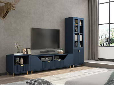 Navy Blue Modern TV Stand with Tall Glass Cabinet and Decorative Items 3d model