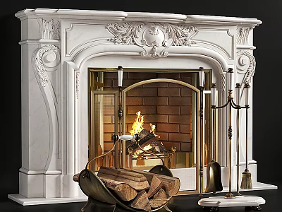 White Marble Fireplace With Carved Details Burning Fire And Wooden Logs Basket 3d model