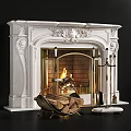 White Marble Fireplace With Carved Details Burning Fire And Wooden Logs Basket
