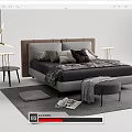 Modern Double Bed with Gray Bedding Maroon Pillows Bedside Tables Stool and Area Rug