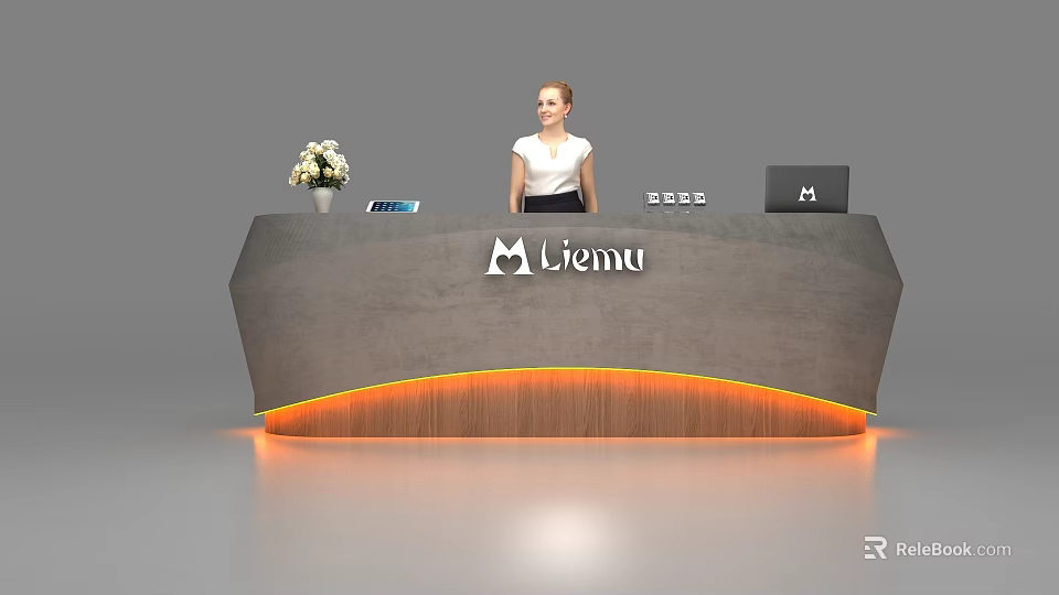 Gray Modern Reception Desk With Liemu Logo Orange Lighting Flower Vase And Laptop 3d model 