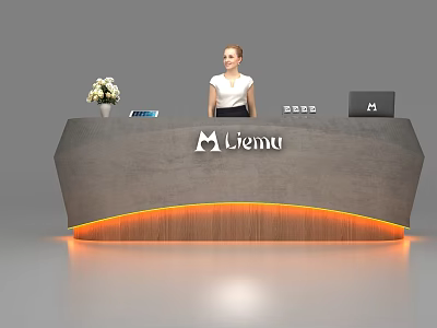 Gray Modern Reception Desk With Liemu Logo Orange Lighting Flower Vase And Laptop 3d model