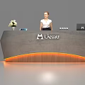 Gray Modern Reception Desk With Liemu Logo Orange Lighting Flower Vase And Laptop
