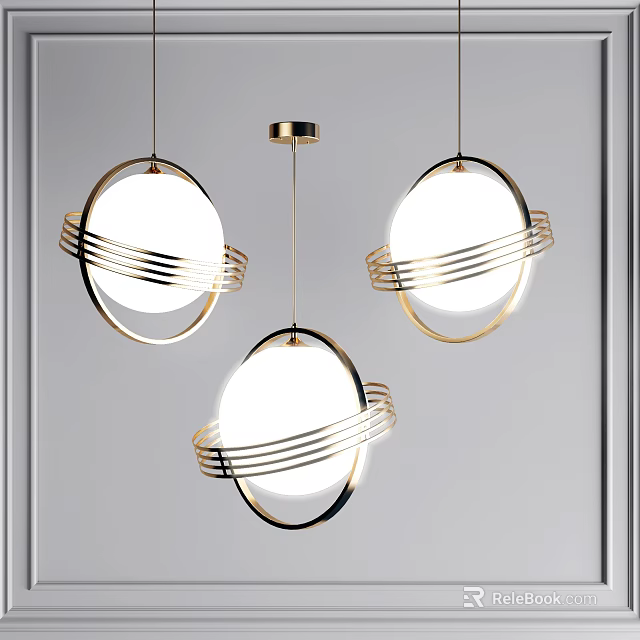 Contemporary Modern Chandelier With Three Round Shades And Decorative Metal Rings 3d model 