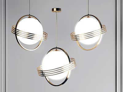 Contemporary Modern Chandelier With Three Round Shades And Decorative Metal Rings 3d model
