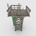 Rustic Wooden Tower With Crossbeam Structure Ladder Platform And Green Banner 3d model
