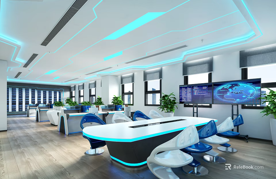 Modern Public Office Area Interior With Open Layout Ergonomic Chairs Green Plants And Screens 3d model 