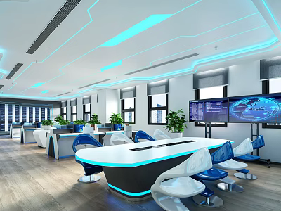 Modern Public Office Area Interior With Open Layout Ergonomic Chairs Green Plants And Screens 3d model