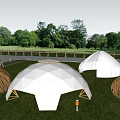 Various Designed Outdoor Tents In Grassy Garden With Trees And Wooden Fence