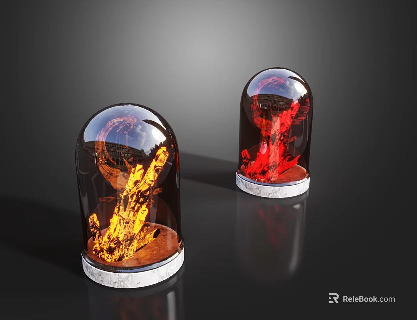 Table Lamps With Transparent Dome Red Orange Flame Decoration White Base On Black Surface 3d model 