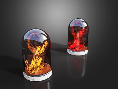 Table Lamps With Transparent Dome Red Orange Flame Decoration White Base On Black Surface 3d model