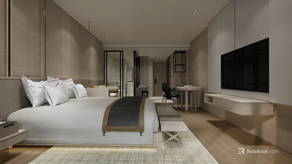 Modern Hotel Room Interior With Comfortable Bed Flat Screen TV And Work Desk 3d model