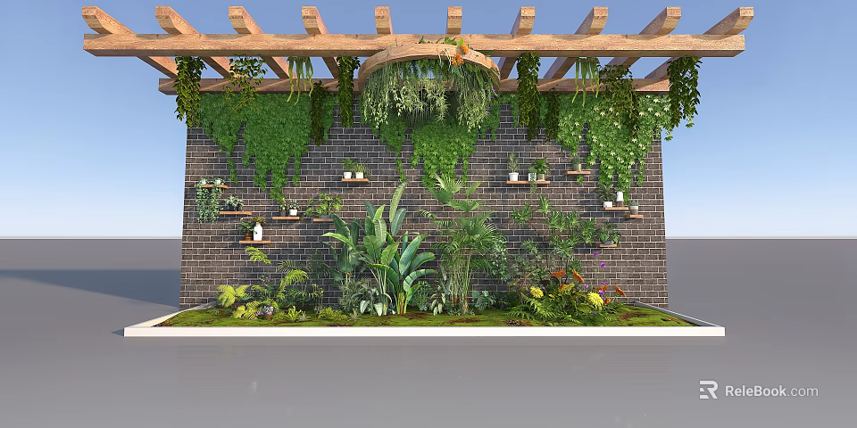 Garden Landscape Featuring Wooden Pergola Hanging Vines Brick Wall And Shelves With Plants 3d model 