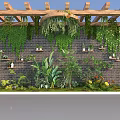 Garden Landscape Featuring Wooden Pergola Hanging Vines Brick Wall And Shelves With Plants