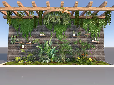 Garden Landscape Featuring Wooden Pergola Hanging Vines Brick Wall And Shelves With Plants 3d model