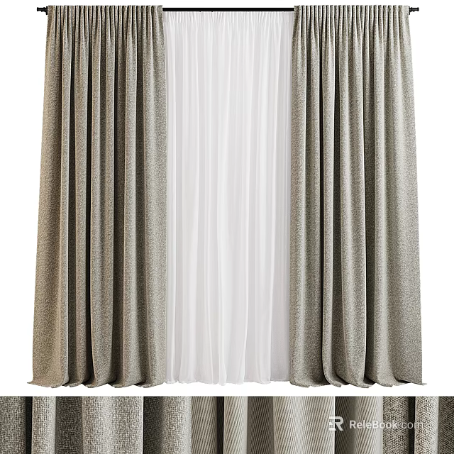 Gray and White Layered Curtains Modern Home Interior With Thick Outer And Sheer Inner Panels 3d model 