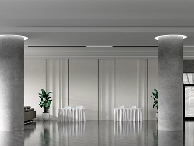 Spacious Modern Service Hall With Columns Plants And Polished Floor 3d model