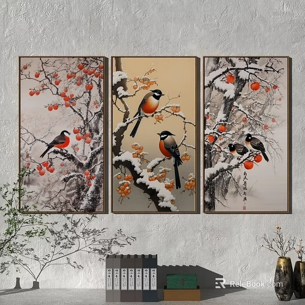 Plant Paintings with Birds on Snowy Branches and Red Fruits for Wall Decor 3d model 