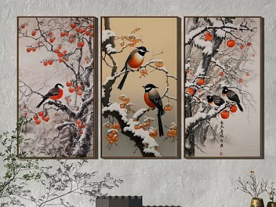 Plant Paintings with Birds on Snowy Branches and Red Fruits for Wall Decor 3d model