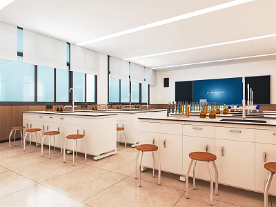 Modern Laboratory Interior Design With Lab Benches Stools Windows And Equipment 3d model