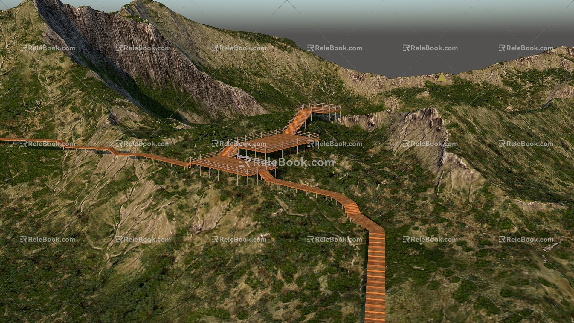 Mountain view plank road platform 3d model