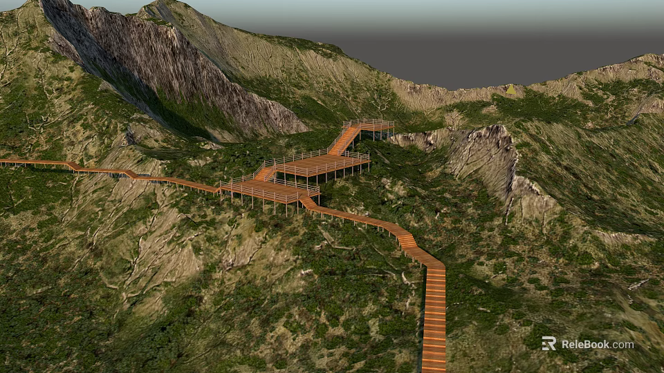Winding Wooden Plank Walkway in Mountainous Area with Green Vegetation and Surrounding Mountains 3d model 