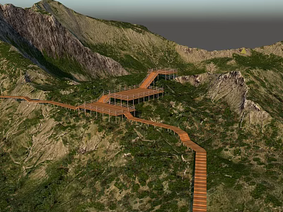 Winding Wooden Plank Walkway in Mountainous Area with Green Vegetation and Surrounding Mountains 3d model