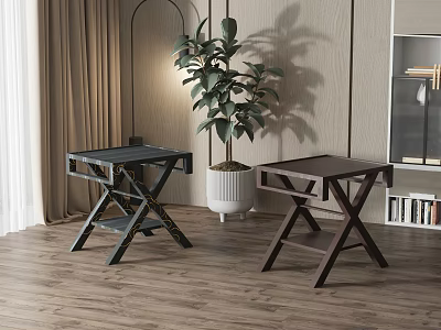 Two Wooden Stools With X Shaped Legs In Indoor Space With Potted Plant And Bookshelf 3d model