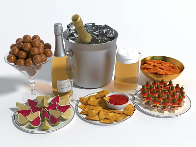 Party Food And Drinks Including Chocolate Balls Chips Fruit Slices And Skewers 3d model