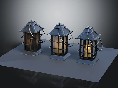 Three Traditional Metal Lanterns With Grid Panels And Lit Candle On Gray Platform 3d model
