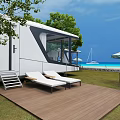 Modern Cabins With Stone Wall Wooden Stairs Glass Walls Wooden Deck And Trees