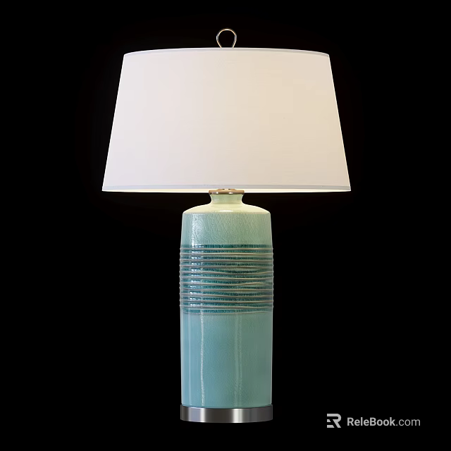 Light Blue Ceramic Table Lamp With Striped Base And White Lampshade 3d model 