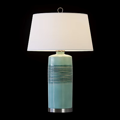 Light Blue Ceramic Table Lamp With Striped Base And White Lampshade 3d model