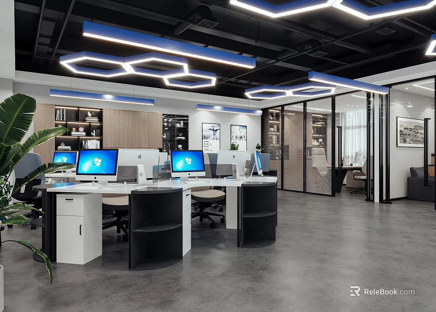 Modern Public Office Space Interior Design With Computers Workstations Ceiling Lighting And Green Plant 3d model