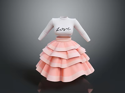 Cute White Long Sleeve Dress With Love Print And Pink Tiered Ruffle Skirt 3d model