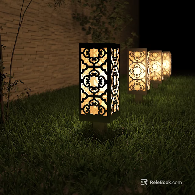 Decorative Outdoor Pillar Lights With Pattern Design Illuminating Garden Grass at Night 3d model 