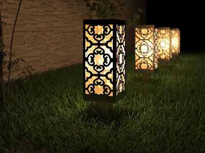Decorative Outdoor Pillar Lights With Pattern Design Illuminating Garden Grass at Night 3d model