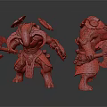 Small And Large Armored Warrior Characters Holding Axes With Detailed Armor And Red Accents
