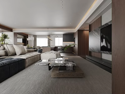 Spacious Modern Open Plan Living And Dining Room With Luxury Wood And Marble Interior Design 3d model