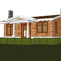 Single Story Wooden House With Orange Roof Stone Chimney Green Lawn And Pine Trees