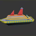 Vibrant Water Vessel With Yellow Hull Orange Deck Red Sails White Chimneys And Blue Windows