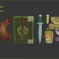 Fantasy Medieval Props Collection With Green Box Red Ribbon Dagger And Leather Pouch