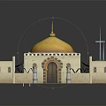 Traditional Domed Building Featuring Yellow Dome Walled Compound And Decorative Towers